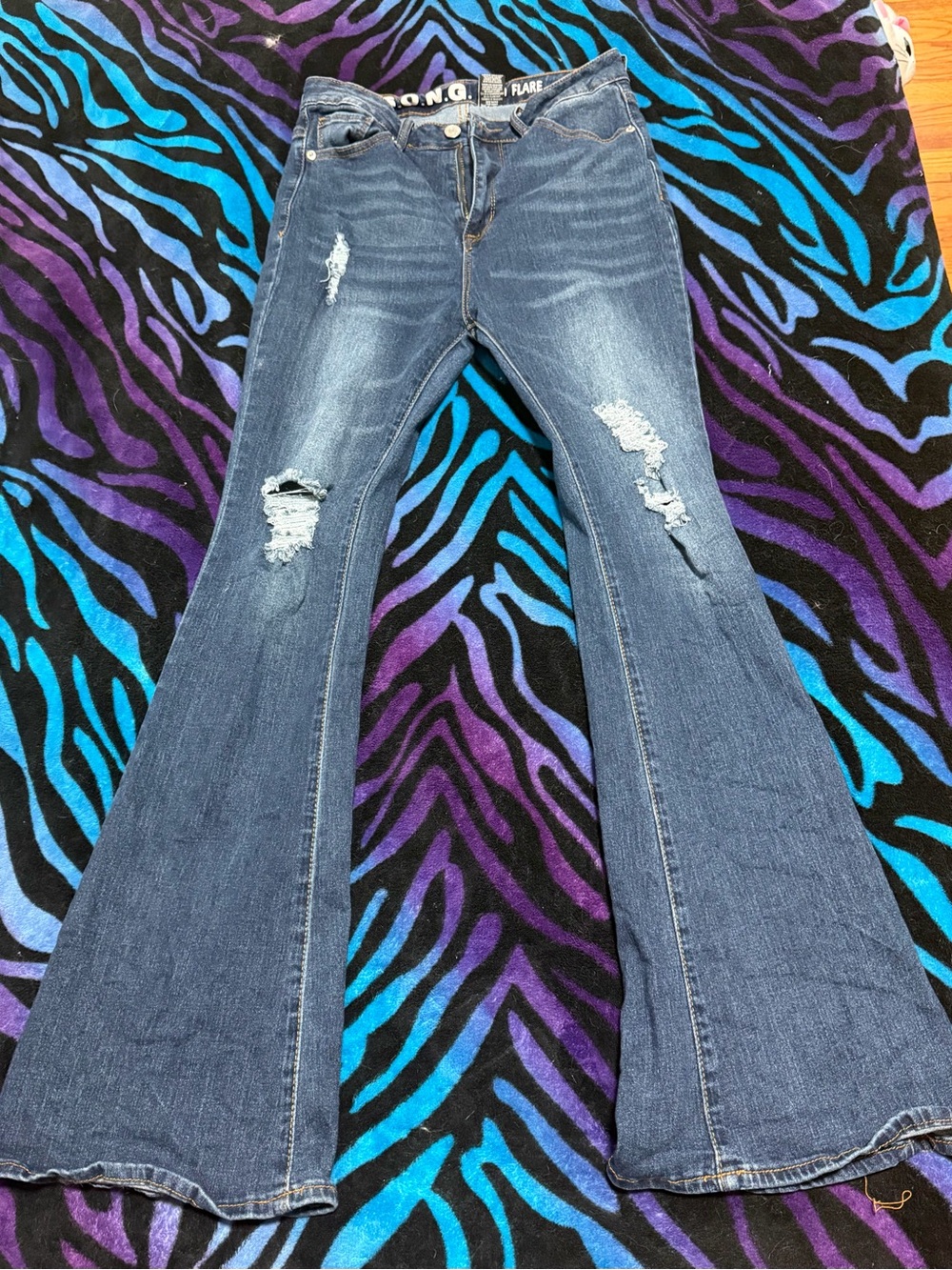 Distressed Dark Blue Flare Jeans - Women's